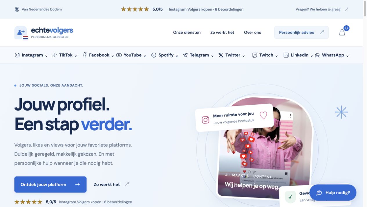 Actual homepage of Echte Volgers Kopen
